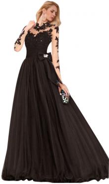 Embroidered Bodice Black Illusion Jewel Neck Ball Gown Modest Prom Dress Long Sleeve and Bow