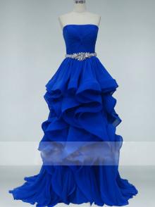 Ball Gown Flower Royal Blue Beaded Strapless Ruffled Gorgeous Prom Dress