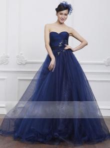 Navy Blue Shining Tulle Ball Gown Prom Dress Strapless Sweetheart