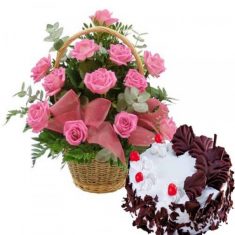 Lovely Pink Rose basket with Black Forest Cake

Combo includes 12 pink rose flower in a basket a ...