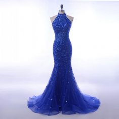 Luxury Sequin Crystals Long 2018 Royal Blue Halter High Neck Mermaid Prom Dress