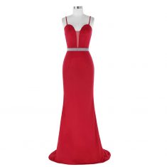 Sexy Spaghetti Straps Sweetheart Sheer Insert Red Evening Dresses With Beaded Belt