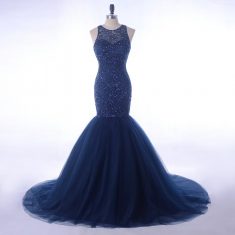 Elegant Navy Blue Rhinestone Beading Top Tulle Mermaid Evening Prom Dress 2018 [PS1708] –  ...