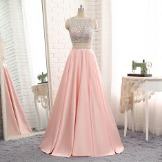 Hot Trendy Long Two 2Piece Beaded Cutout Back Satin Evening Graduation Prom Dress