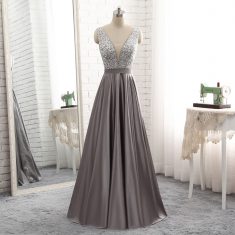 2018 Long Deep V Neck Sheer Insert Beaded Bodice Grey Stain Evening Prom Dress