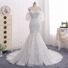 2018 Fashion Strapless Lace Appliques Off Shoulder Mermaid Bridal Gown with Sheer Bodice