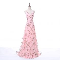 Fashion Long Straps Deep V-Neck 3D Floral Print Blush Pink Long Prom Dress [PS1718] – $128 ...