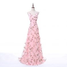 Fashion Long Straps Deep V-Neck 3D Floral Print Blush Pink Long Prom Dress [PS1718] – $128 ...