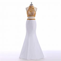 Modern Two Piece High Neck Gold Crystal Beaded White Stain Long Prom Dress [PS1717] – $165 ...