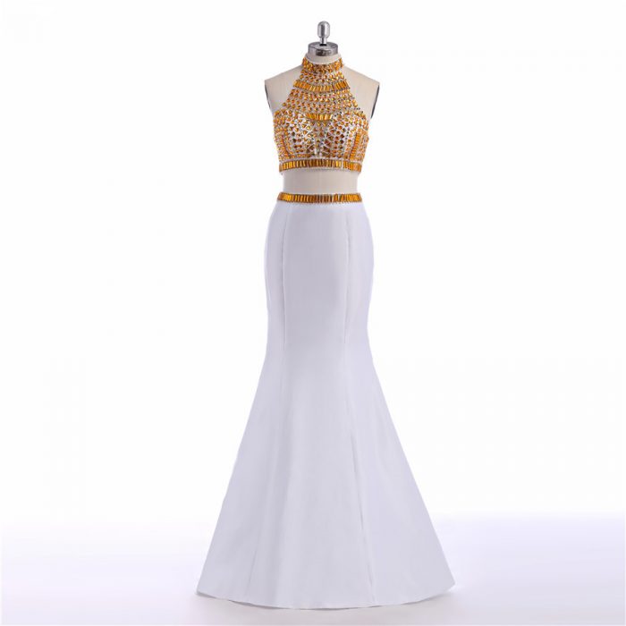 Modern Two Piece High Neck Gold Crystal Beaded White Stain Long Prom Dress [PS1717] – $165 ...