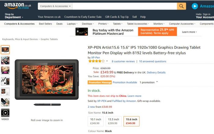 XP-PEN Artist15.6 15.6″ IPS 1920×1080 Graphics Drawing Tablet Monitor Pen Display wit ...