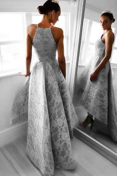 Gray A Line Asymmetrical Halter Sleeveless Lace Cheap Prom Dress – Ombreprom