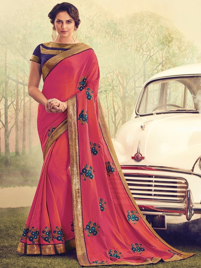 Deep Cerise Pink Cotton Silk Embroidered Party Saree