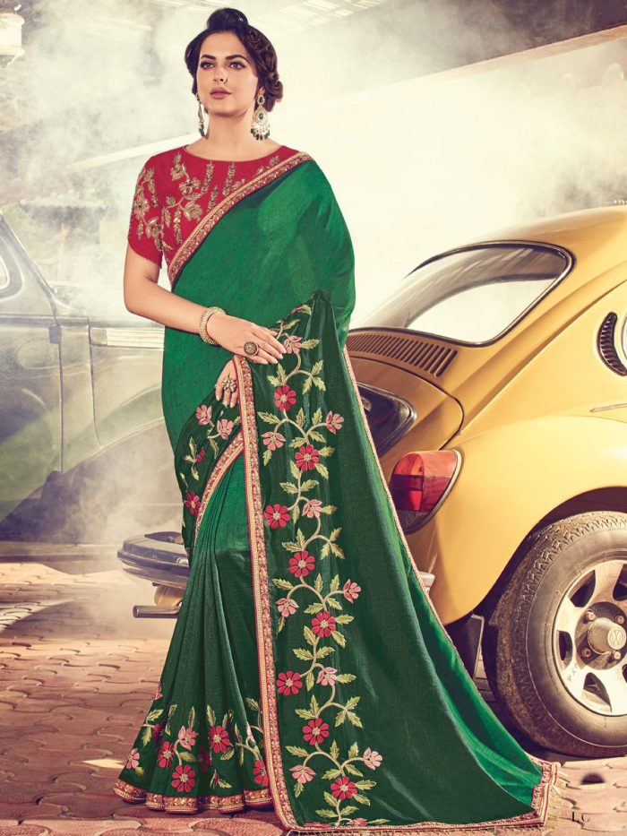 Midnight Green Cotton Silk Embroidered Party Saree