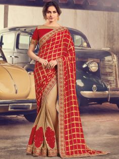 Venetian Red And Cream Yellow Chiffon And Jute Net Embroidered Party Saree