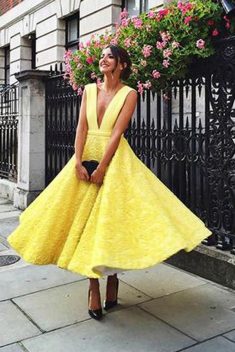 V-neck Homecoming Dress, Cute Yellow Tea Length Lace Prom Dress2017 – Ombreprom