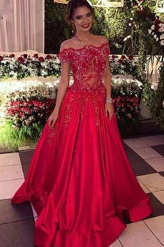 Red Off-the-Shoulder A-line Ball Gown Applique Beaded Satin Prom Dress P569 – Ombreprom