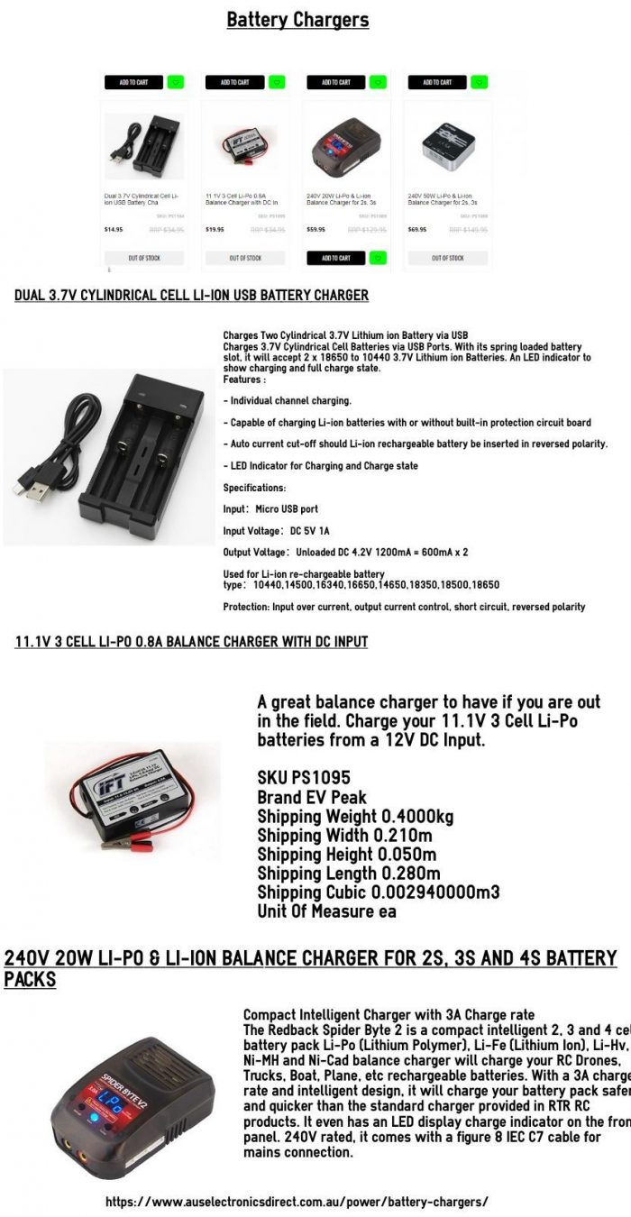 Battery ChargersWether you are charging alkalines to Rechargeable cylindrical cells to Lithium b ...