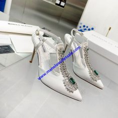 Manolo Blahnik Jamala Slingback Pumps Satin With Crystal Embellished White